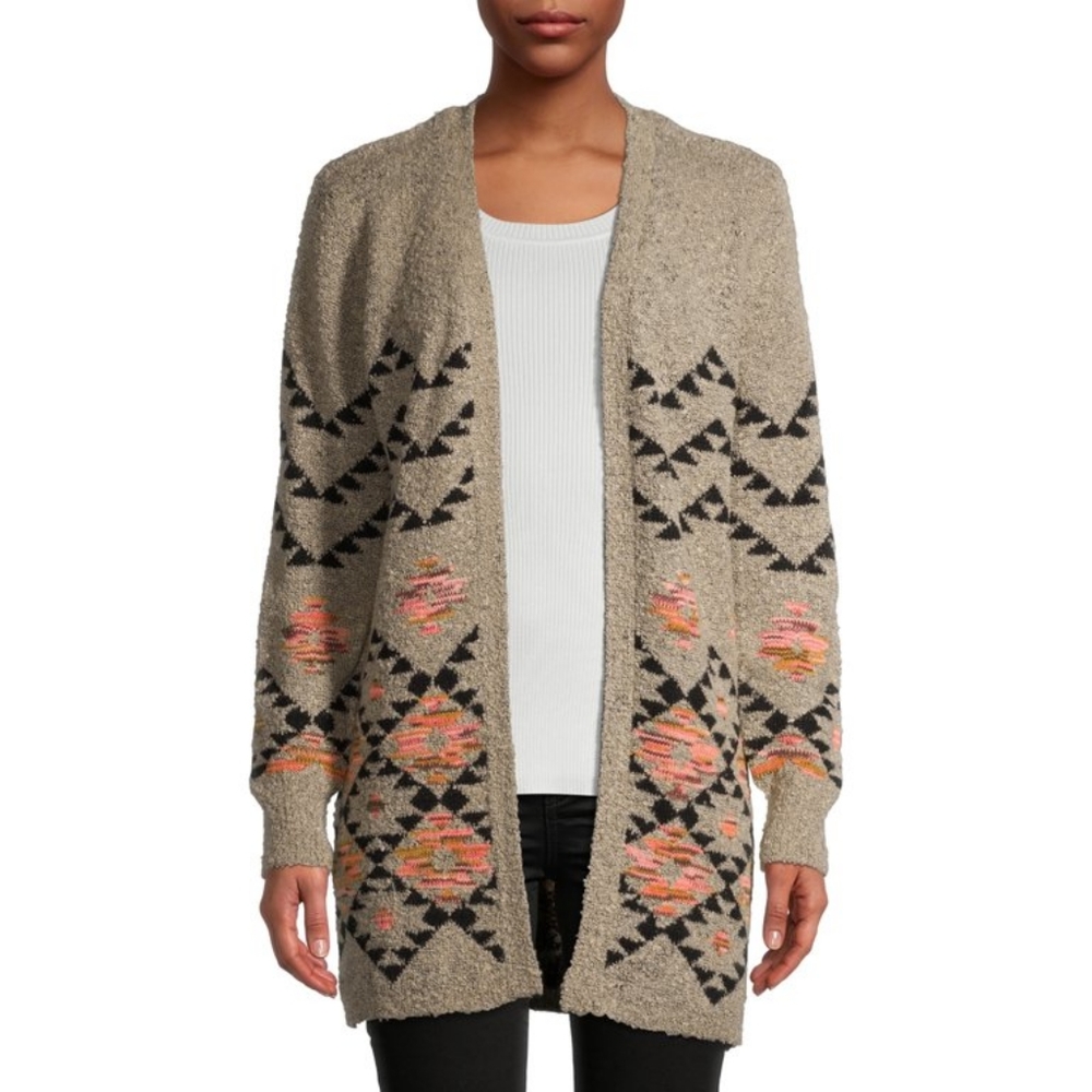 No Boundaries Juniors' Print Sweater Cardigan; Medium 7-9; Oyster